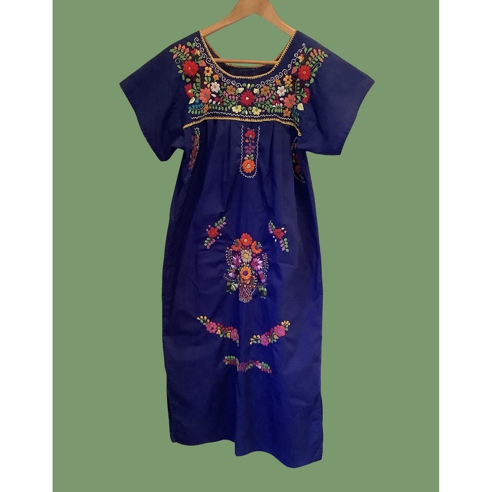 Mexican Oaxacan Embroidered Dress Blue Folk Art Festival Dress Sm